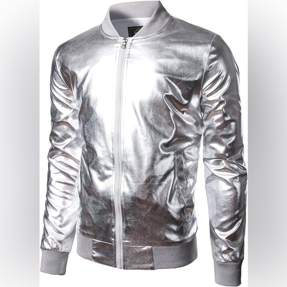 JOGAL Men’s metallic silver jacket 70’s disco costume